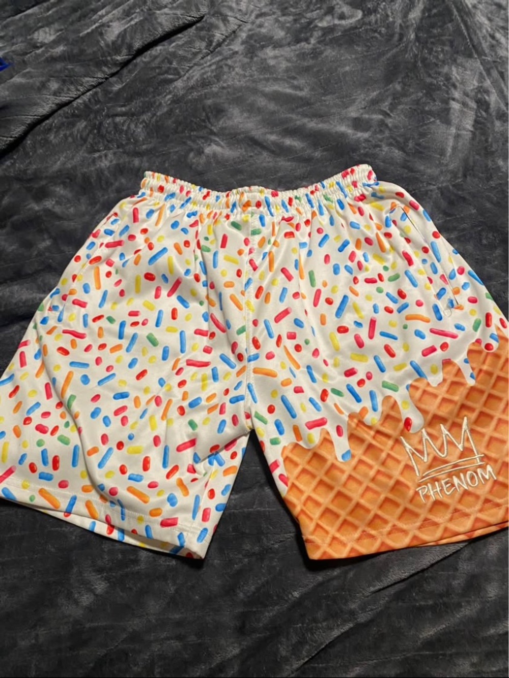 Phenom Ice Cream Cone Print Athletic Shorts - White with Rainbow Sprinkles